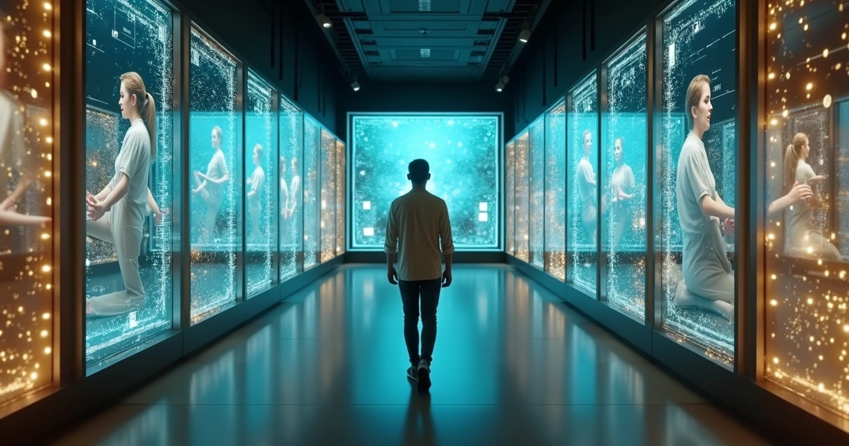 Pessoa observando um corredor de telas digitais com diferentes versões de si mesma 