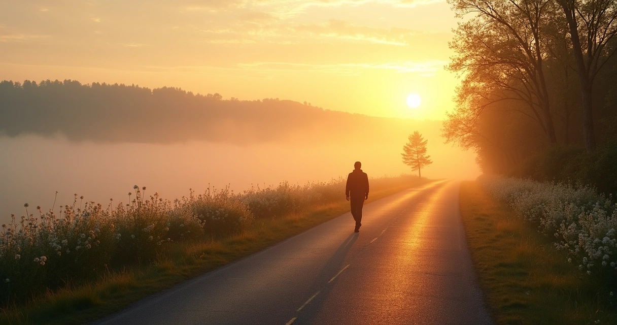 Pessoa caminhando por estrada com paisagem aberta, simbolizando autoconhecimento 