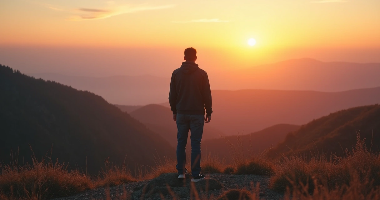 Homem refletindo sozinho, olhando para paisagem serena, simbolizando autoconhecimento.