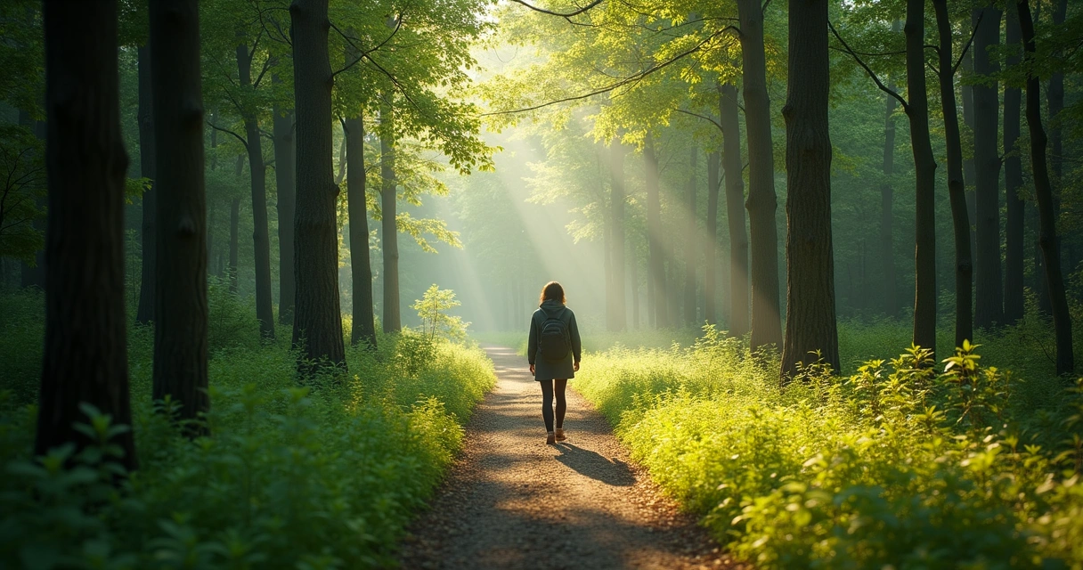 Pessoa caminhando sozinha numa trilha cercada por árvores altas 