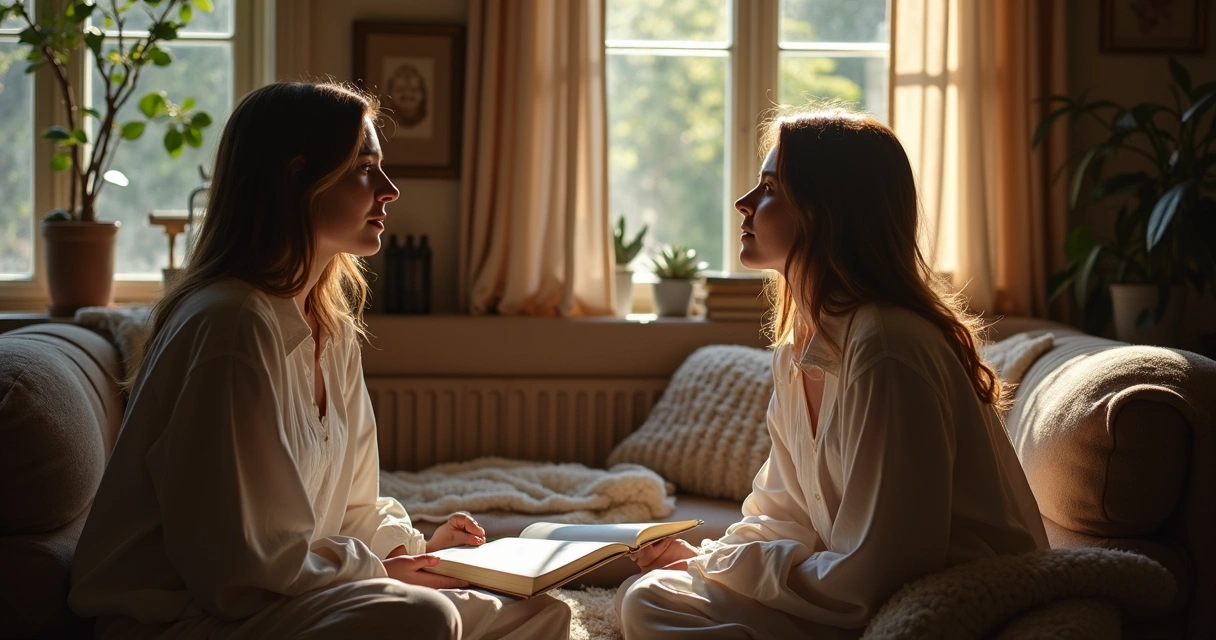 Mulher olhando para si mesma em um espelho, expressão serena, cenário com livros e elementos de autoconhecimento 