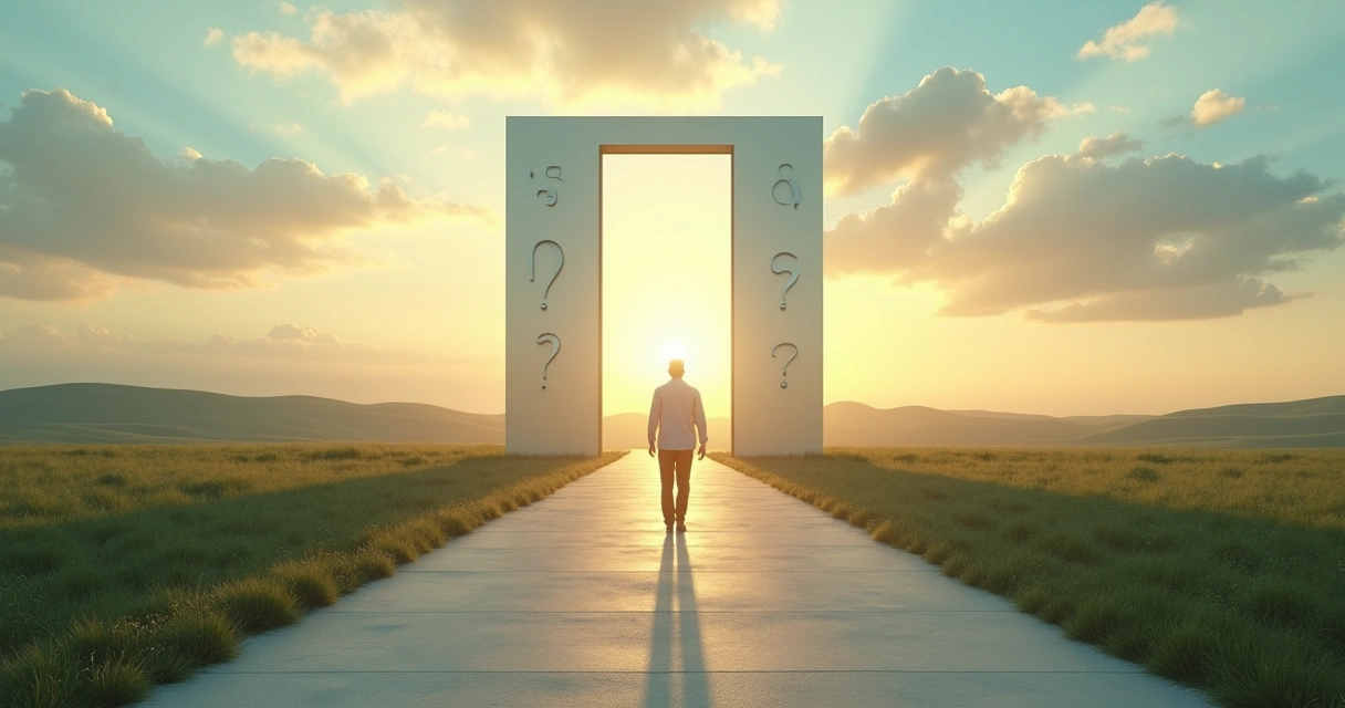 Pessoa caminhando em estrada que leva a um espelho gigante refletindo o céu 