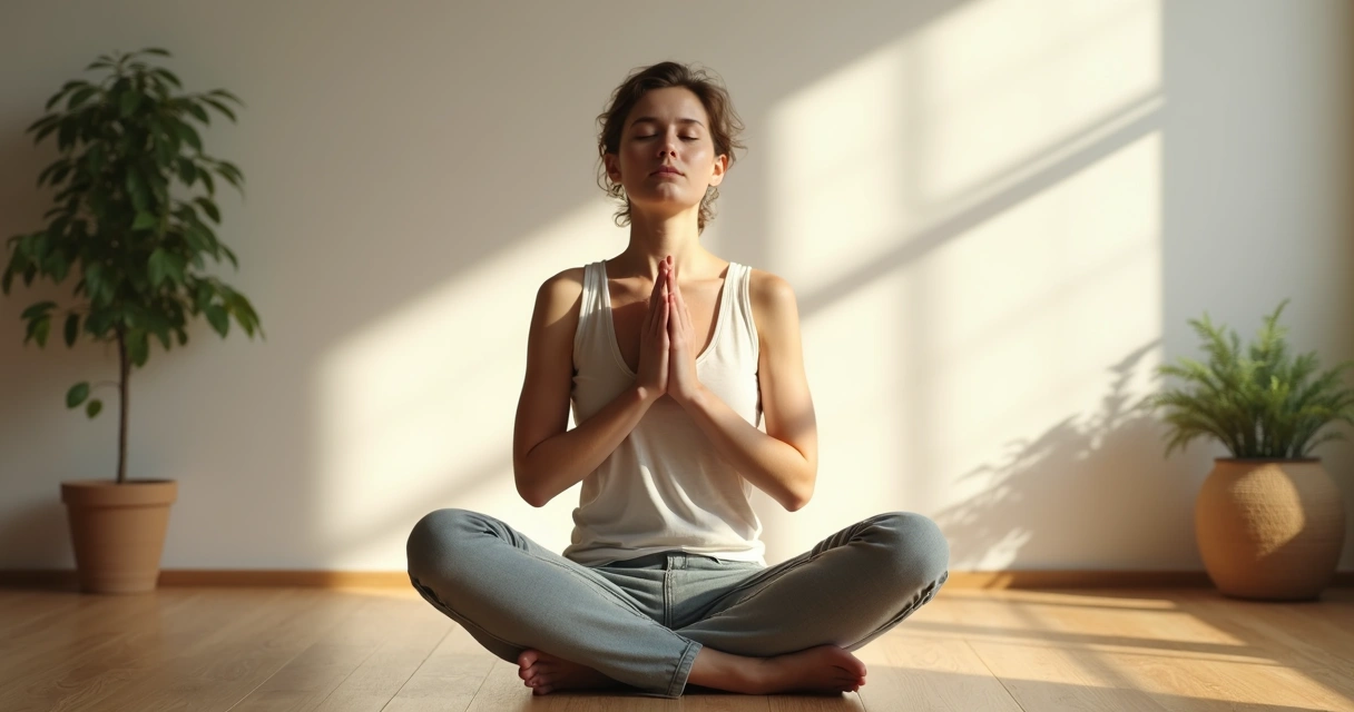 Pessoa de olhos fechados tocando o peito com as mãos, mostrando conexão corpo e consciência 