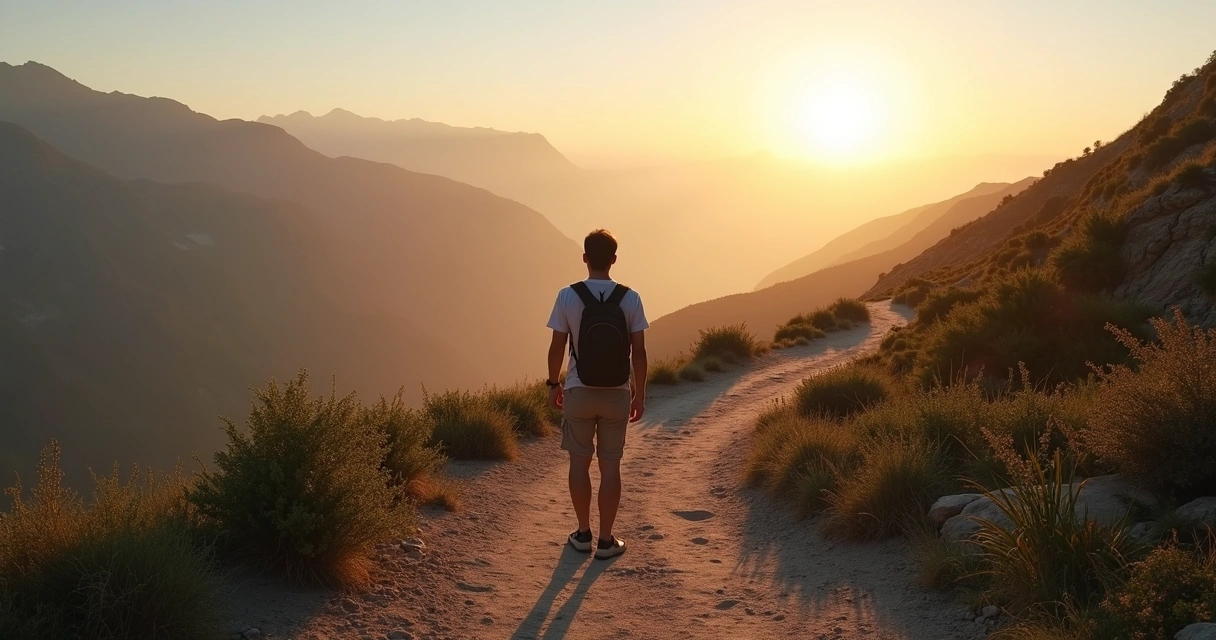 Pessoa em trilha de montanha iniciando jornada de autotransformação 