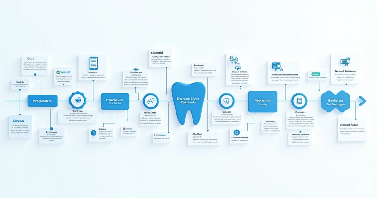 Fluxo da jornada do paciente com várias etapas conectadas visualmente 