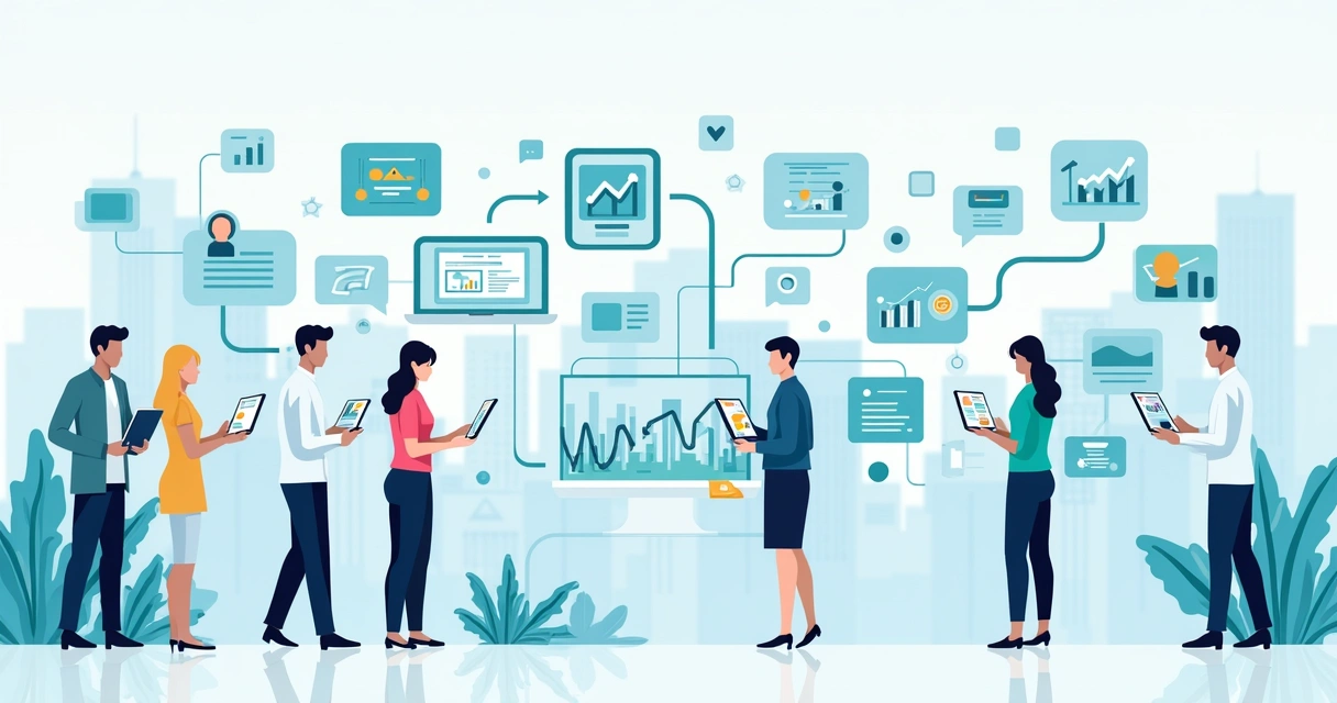 Fluxo da jornada do cliente com gráficos e dados conectados 