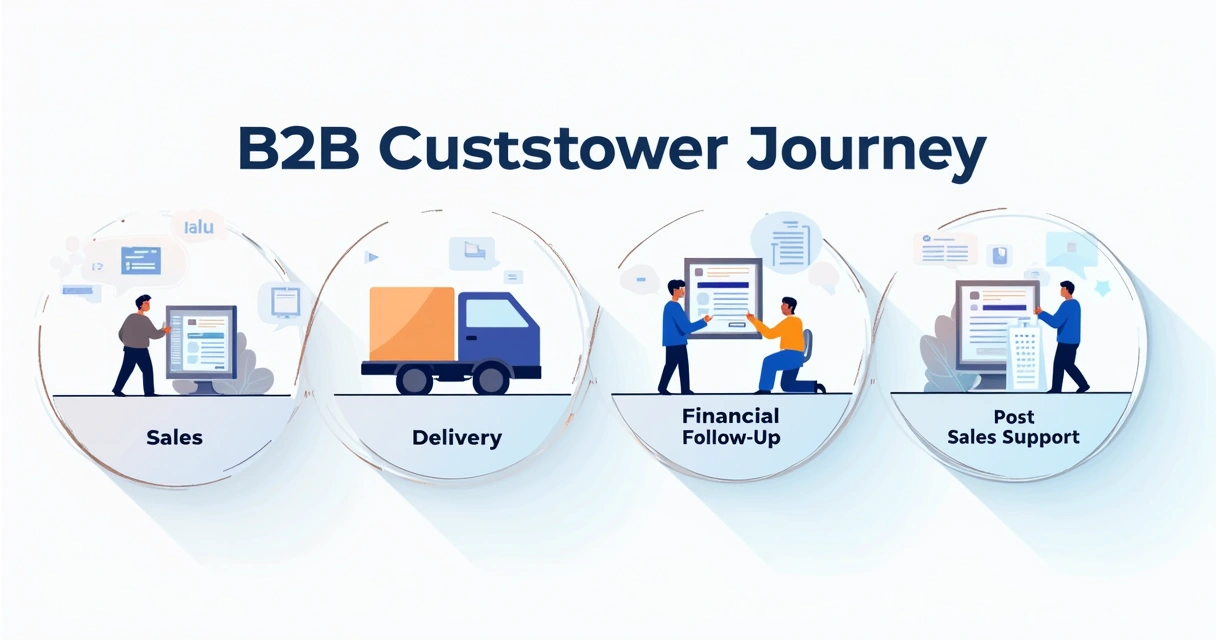 Ilustração da jornada do cliente em B2B com etapas conectadas 