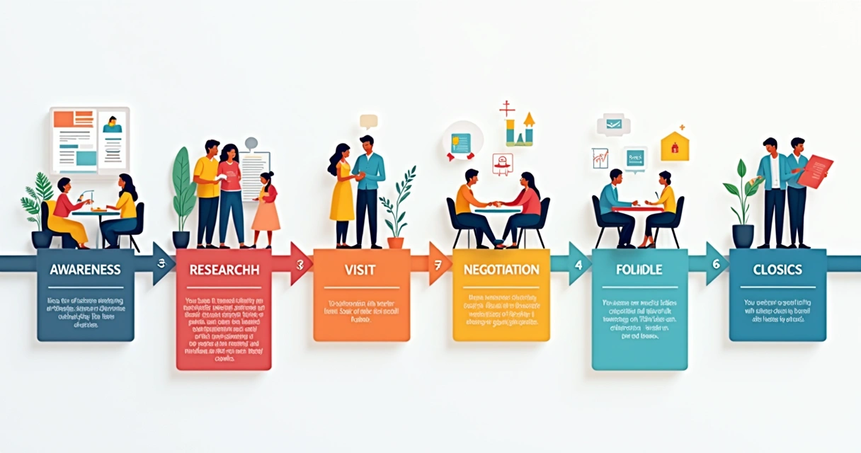 Diagrama colorido representando o caminho do cliente no processo de compra de imóvel. 