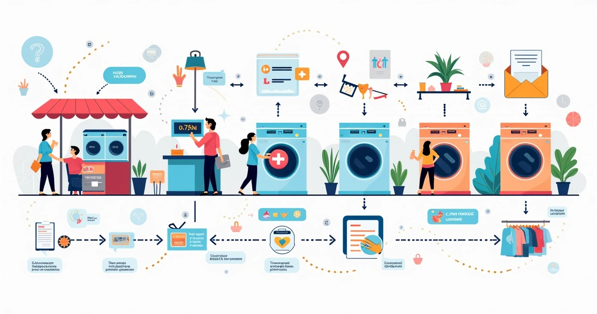 Diagrama com etapas de uso do cliente em uma lavanderia de autoatendimento 