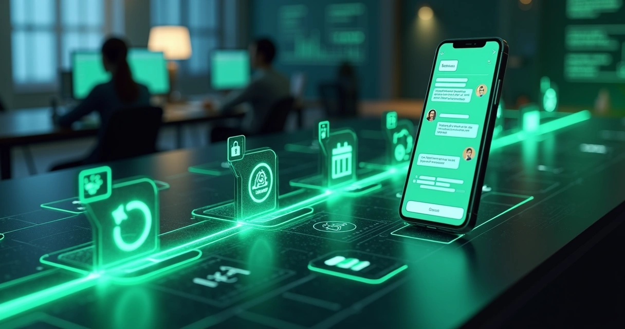 Ilustração da jornada do cliente no WhatsApp em etapas conectadas 