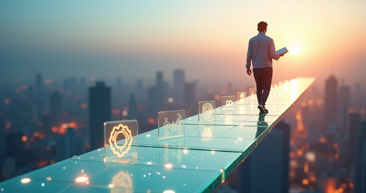 Profissional caminha sobre trilha com ícones de competências ao redor 