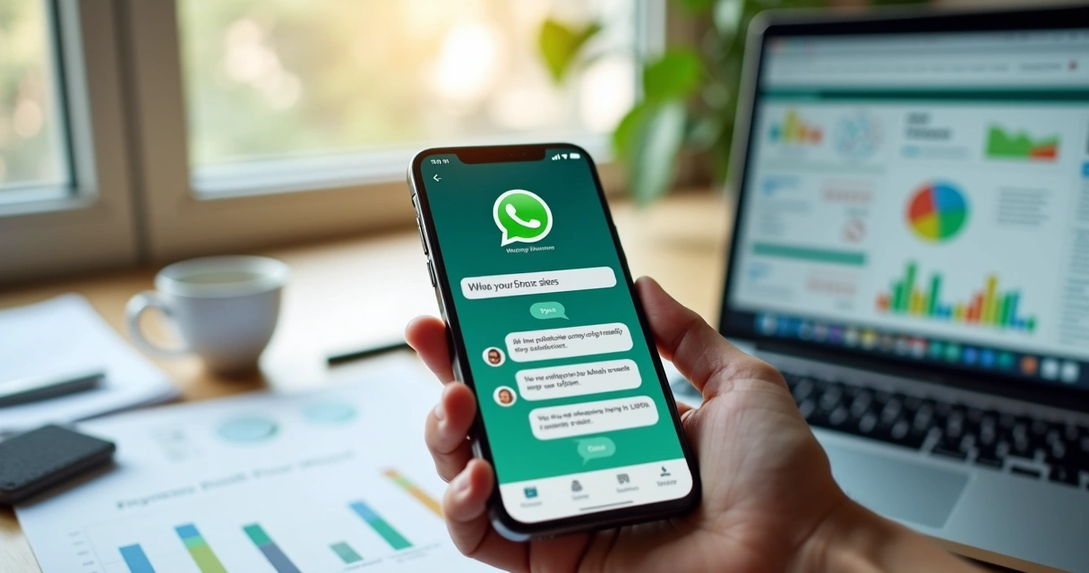 Tela de smartphone mostrando conversa de vendas no WhatsApp com interface empresarial e gráficos de conversão ao fundo 