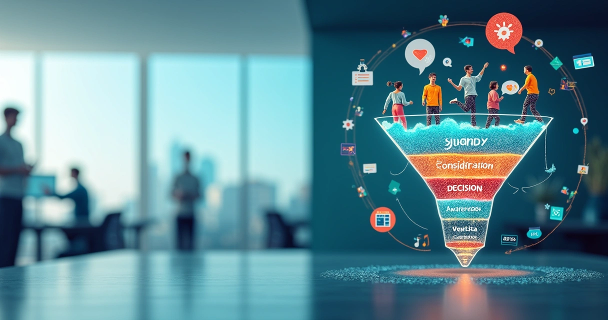 Representação visual detalhada da jornada do comprador e funil de vendas com gráficos e ícones de clientes em diferentes etapas 