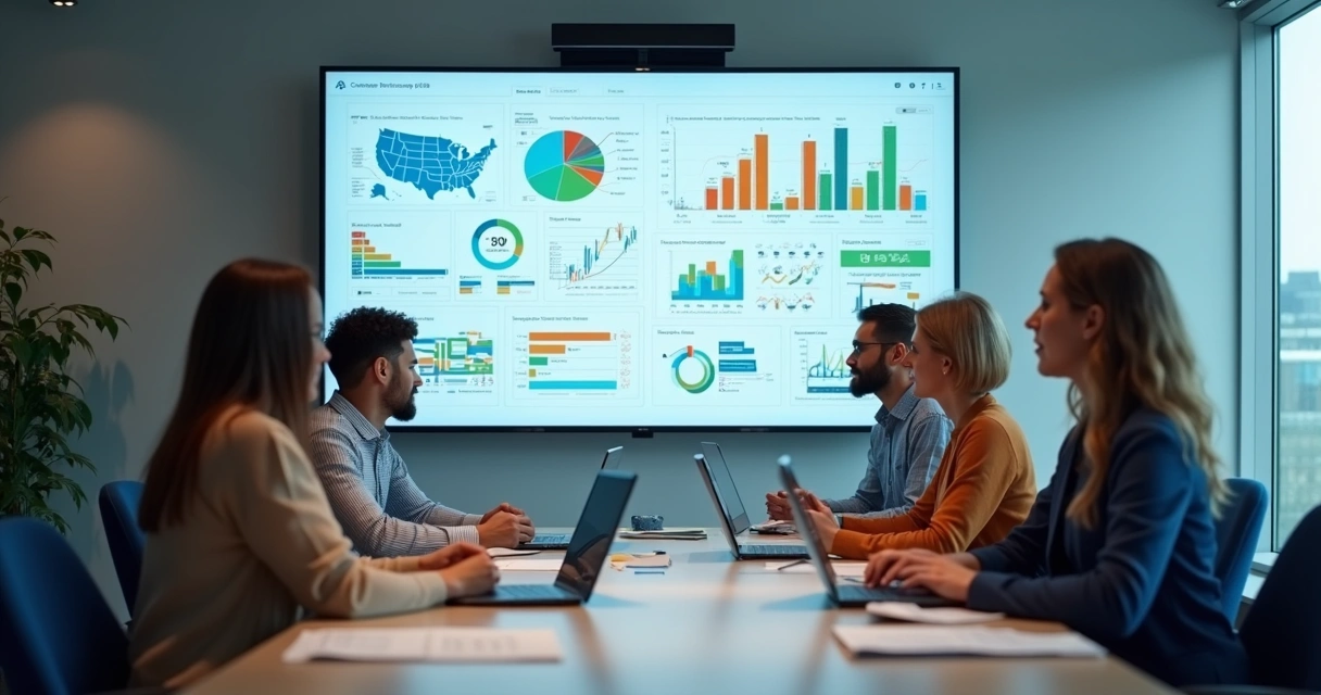 Equipe de marketing analisando jornada do consumidor com gráficos coloridos 