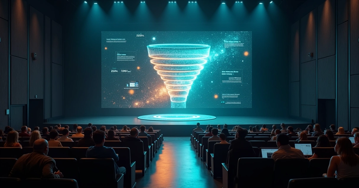 Fluxo de ícones representando jornada digital e funil de marketing em tela gigante 