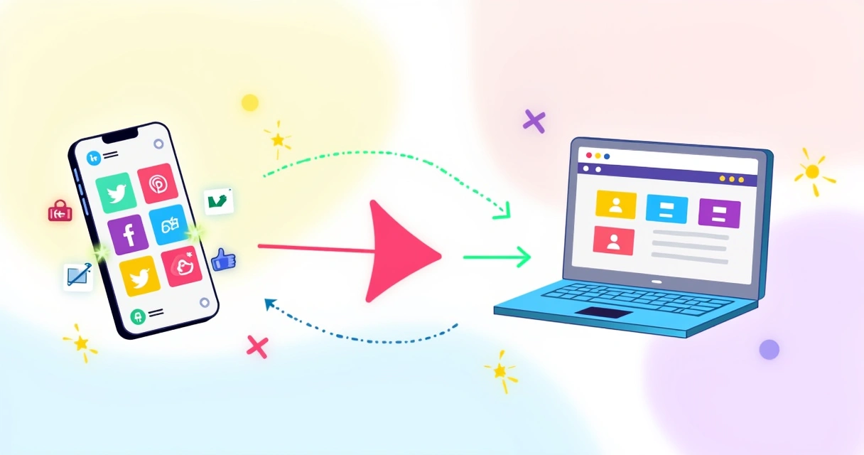 Ilustração colorida da jornada do cliente, do smartphone às redes sociais até o laptop com um site.
