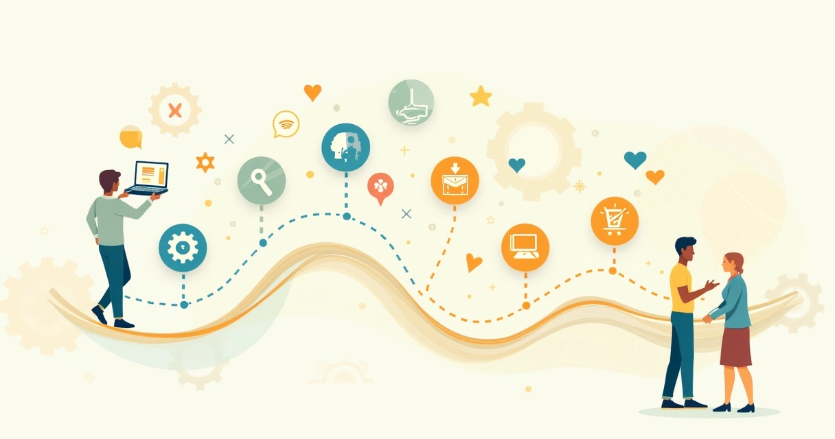 Ilustração da jornada do cliente, mostrando diferentes pontos de interação e um cliente satisfeito compartilhando experiências.
