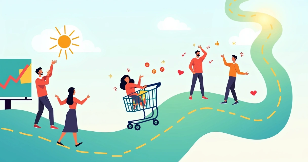 Ilustração da jornada do cliente com etapas, incluindo descoberta, confusão e lealdade à marca.