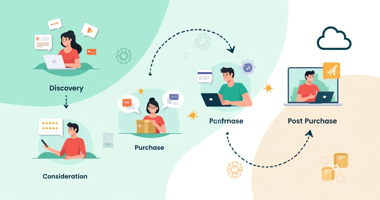 Ilustração detalhada da jornada do cliente mostrando as etapas de descoberta, consideração, compra e pós-venda.