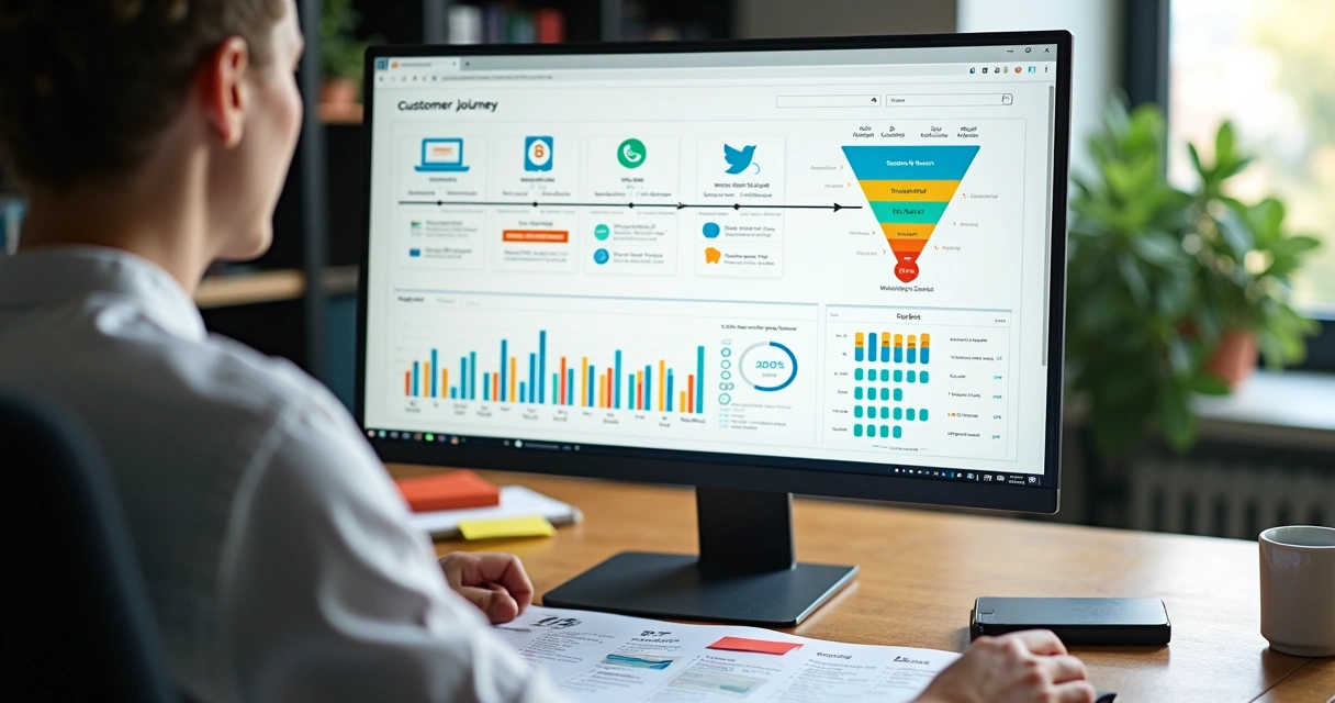 Gestor analisando jornada do cliente em painel com funil de vendas digital 
