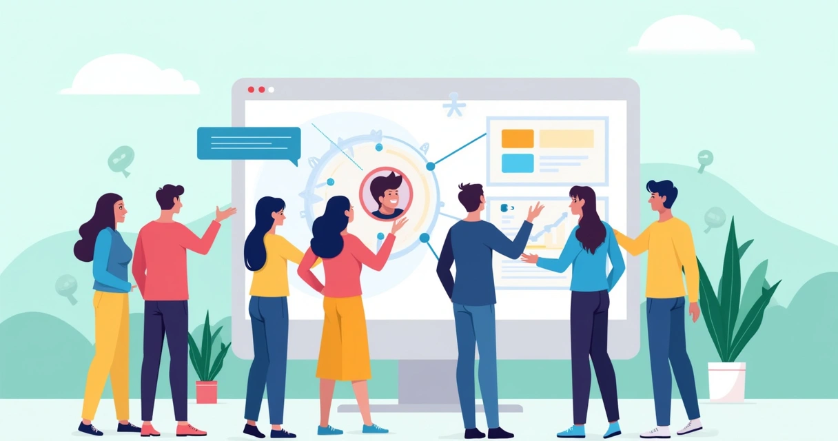 Ilustração do processo de onboarding com usuários interagindo com tutoriais em um computador.