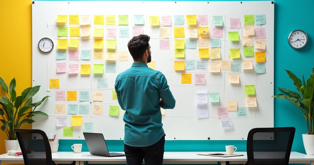 Empreendedor planejando no escritório, rodeado de post-its e gráficos, simbolizando desafios e crescimento.