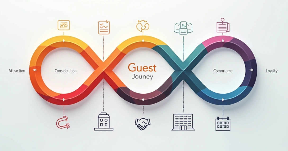 Diagrama com fases da jornada do hóspede, incluindo atração, conversão, experiência e fidelização 