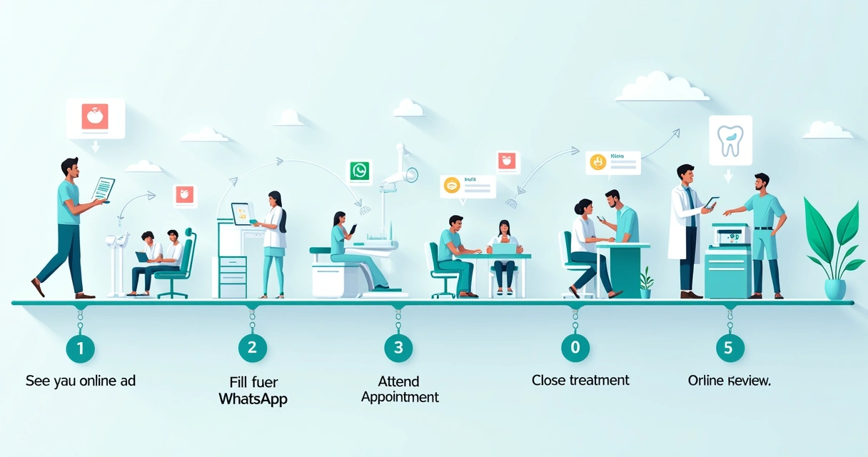 Sequência visual da jornada do paciente odontológico, da internet à clínica 