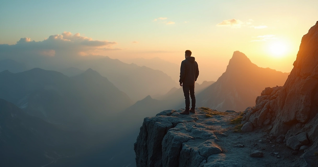 Pessoa em pé no topo de montanha contemplando horizonte ao amanhecer 