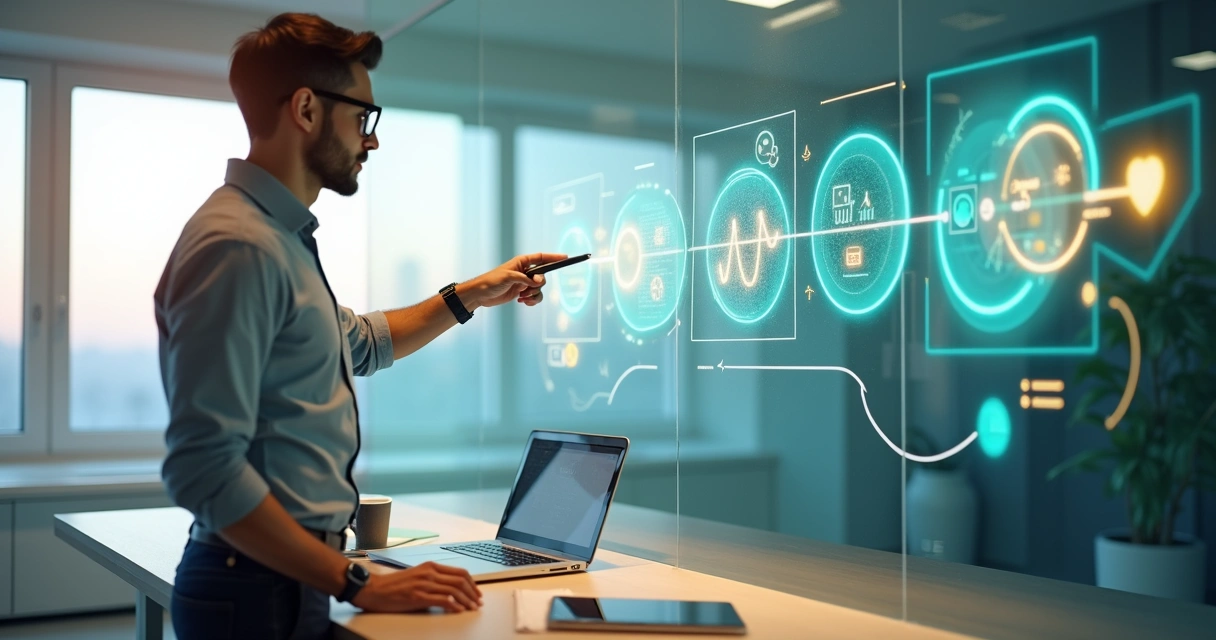 Educador financeiro apontando jornada digital em um grande painel 