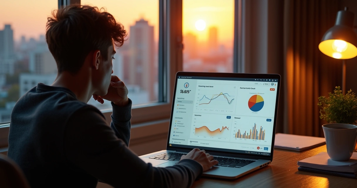 Empreendedor fintech analisando dashboard bancário 