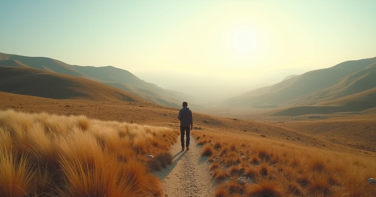 Pessoa caminhando sozinha em trilha com paisagem aberta ao fundo 