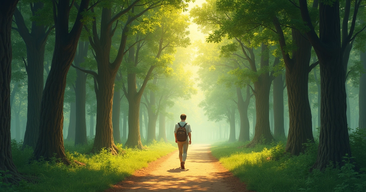 Caminho entre árvores sugerindo jornada de autoconhecimento 