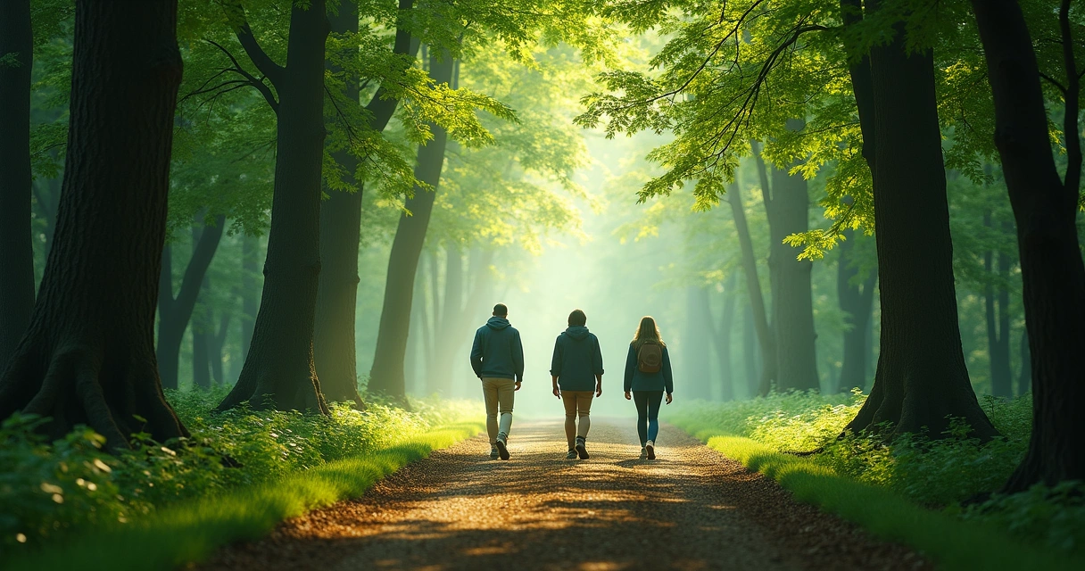 Pessoas caminhando por trilhas separadas em uma floresta, cada uma com sua própria direção, sem se cruzarem. 