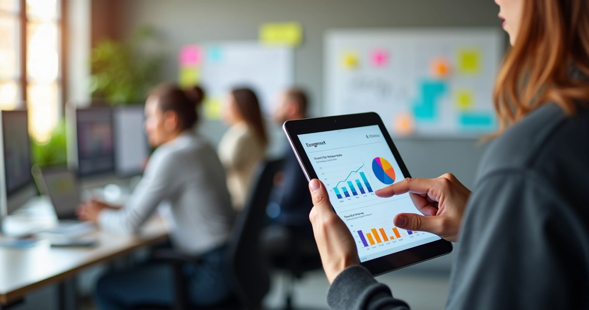 Pessoa segura um tablet com gráficos de engajamento 