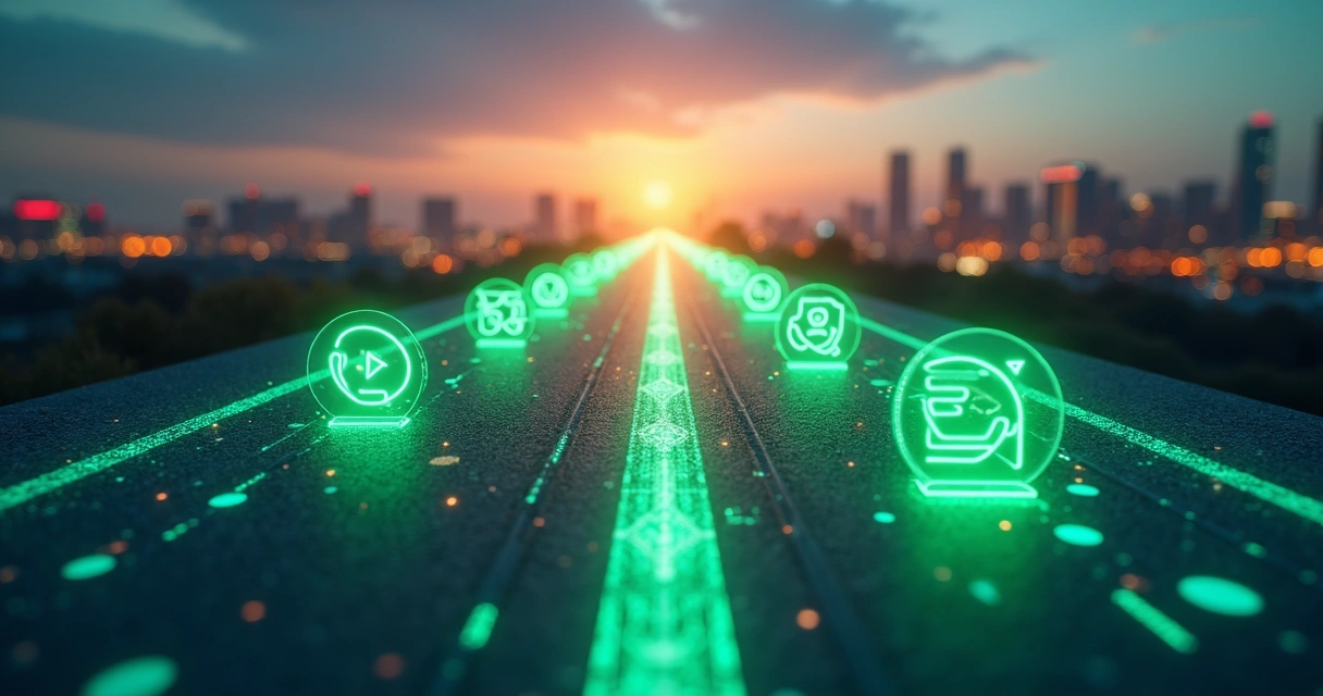 Estrada em formato de funil com ícones do WhatsApp simbolizando jornada do lead 