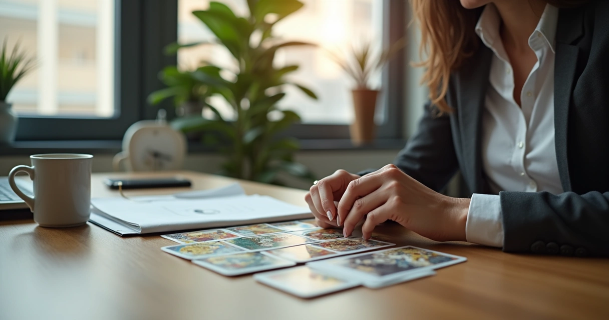 Mulher analisando cartas de tarot em ambiente corporativo leve. Papéis de trabalho e caneca participam da composição. 
