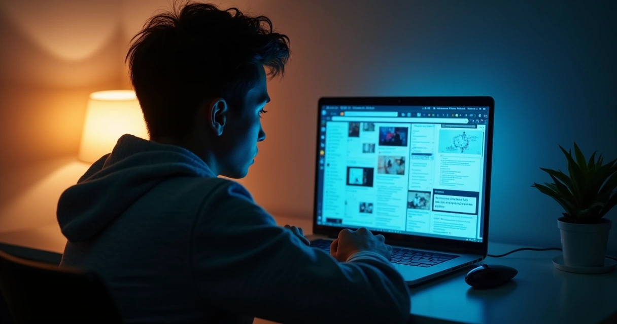 Pessoa sentada à noite diante de notebook cercada por várias abas e ícones digitais. 