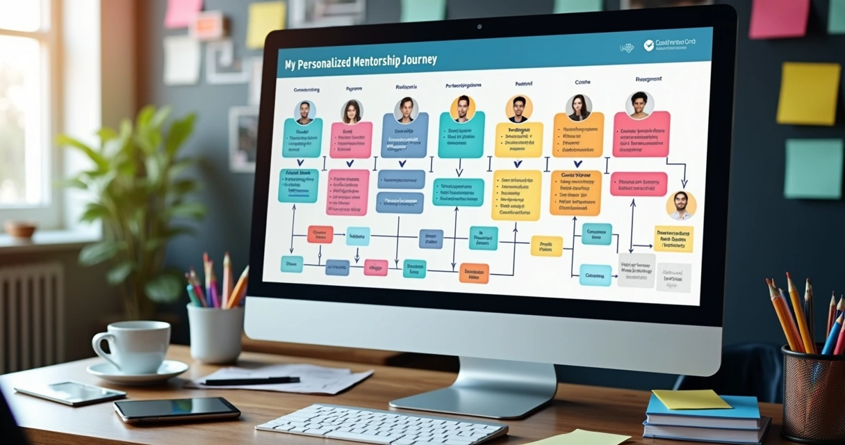 Fluxograma digital colorido mostrando jornada personalizada de mentorado em ambiente virtual 