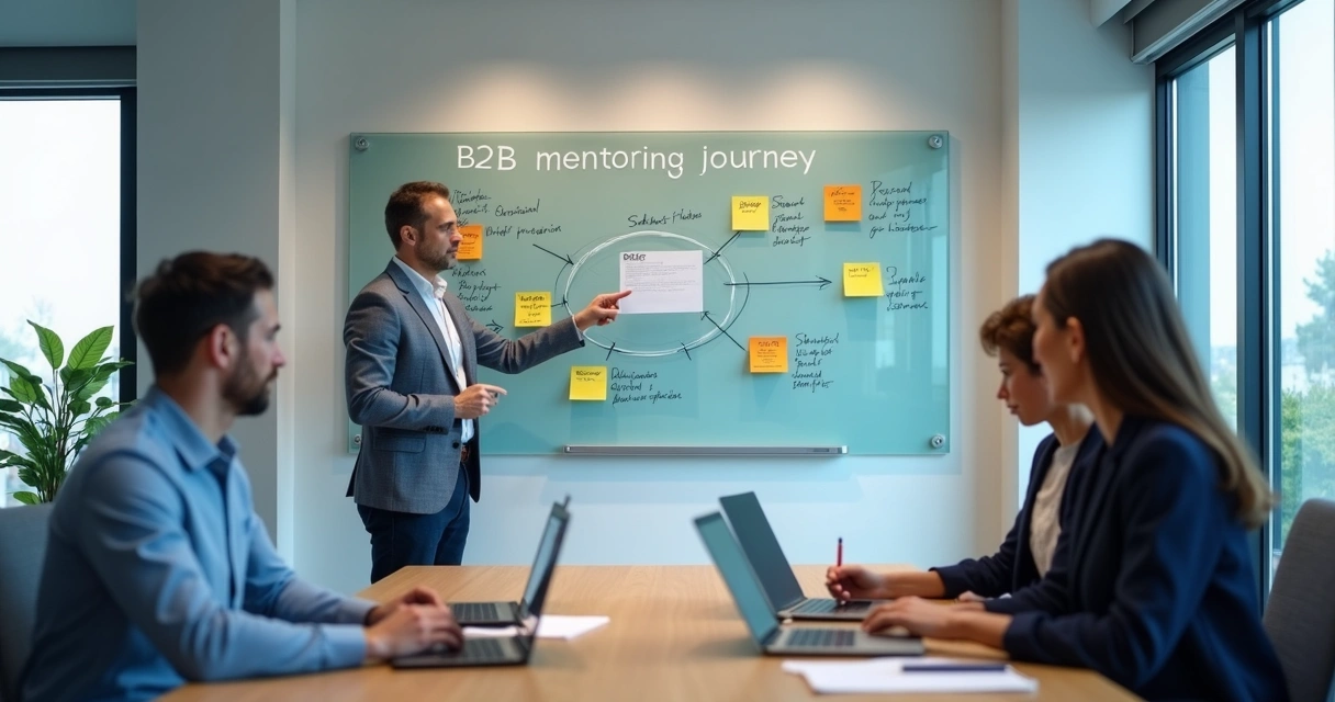 Quadro com etapas de uma mentoria B2B em escritório