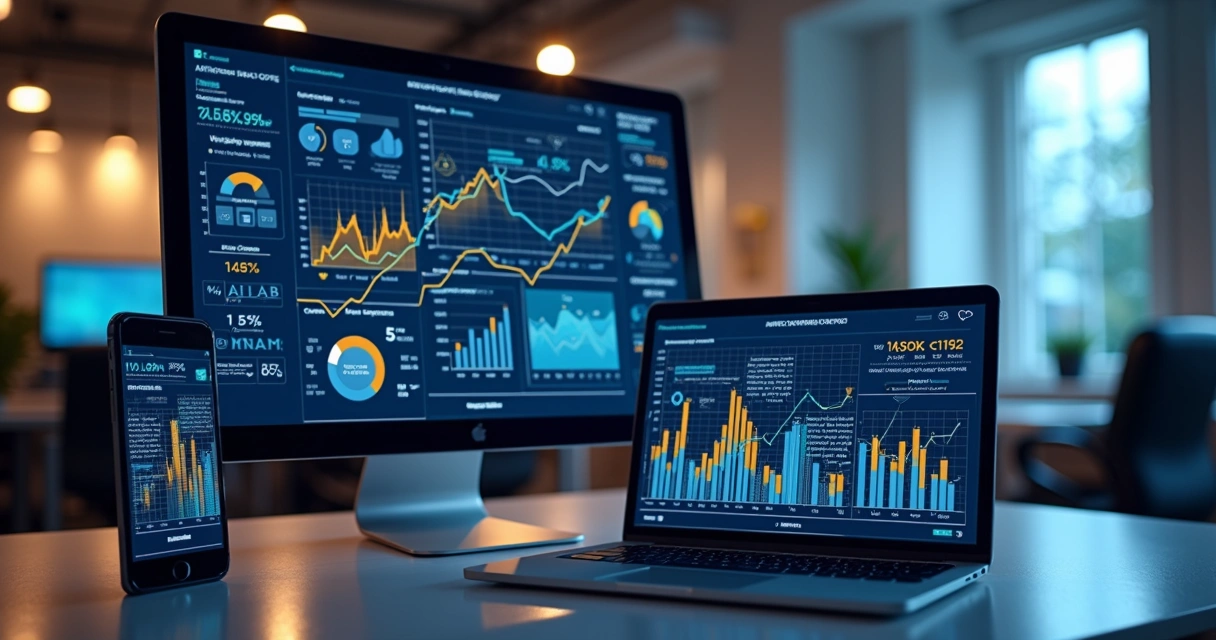 Tela digital mostrando uma jornada do cliente omnicanal integrada em vários dispositivos e canais, incluindo computador, smartphone e gráfico de vendas conectado 
