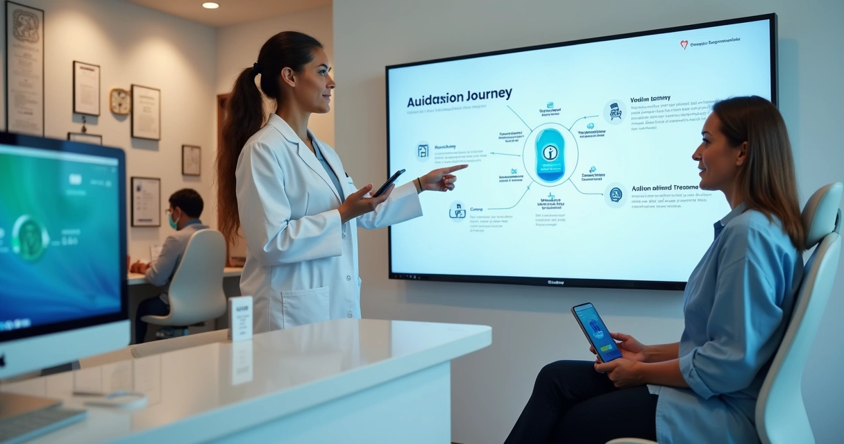 Dentista mostra jornada do paciente em tela para paciente sorridente na recepção da clínica 