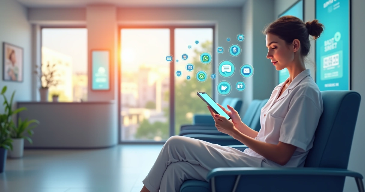 Representação visual de paciente interagindo digitalmente com uma clínica médica 