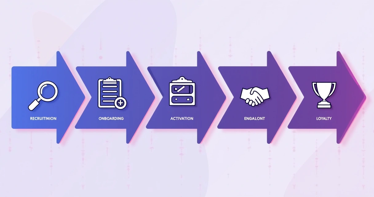 Cinco etapas do ciclo do parceiro de canal, do recrutamento à fidelização, em um fluxo horizontal com ícones distintos 