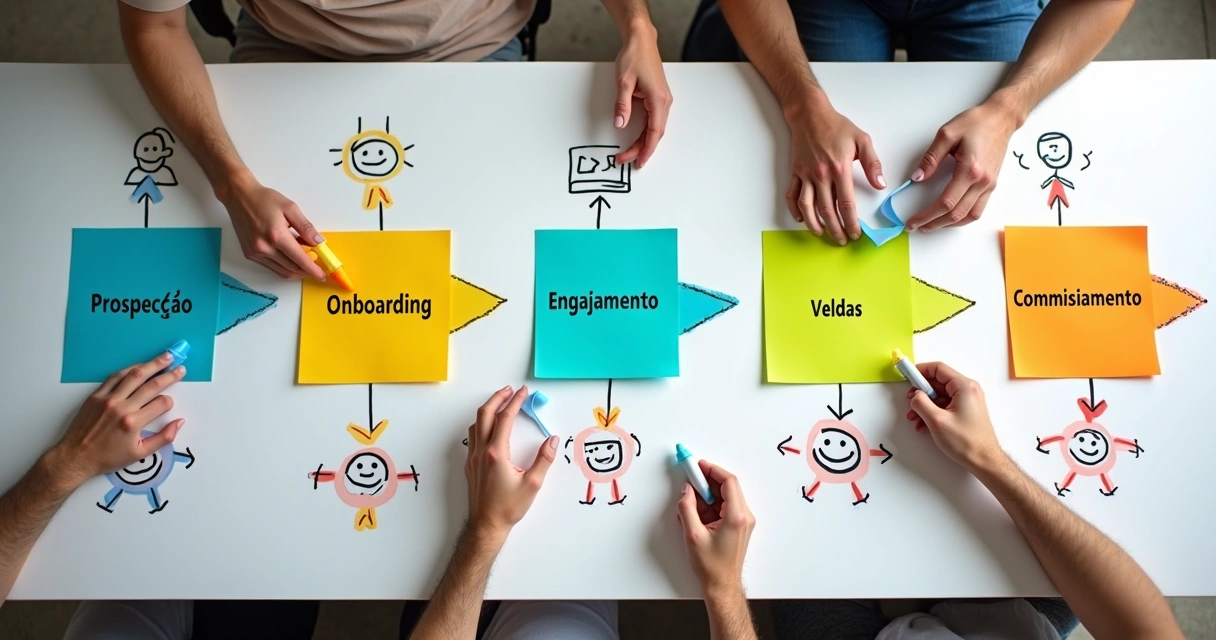 Como estruturar a área de parcerias do zero antes de contratar Mapa da jornada do parceiro com etapas em destaque colorido