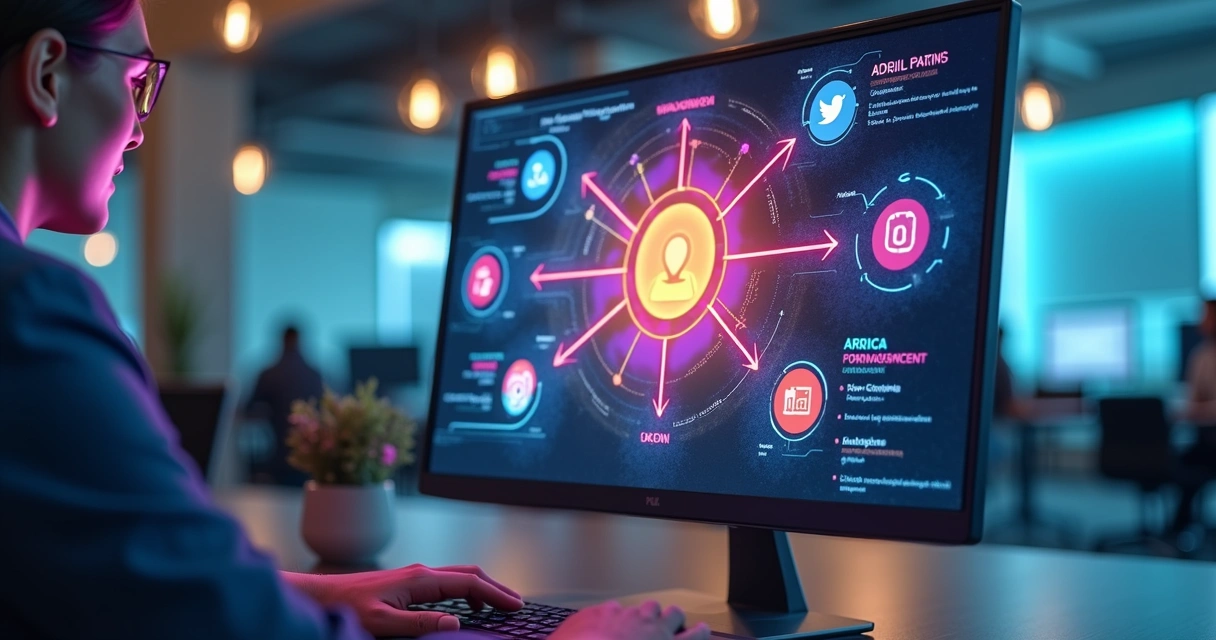 Jornada personalizada do cliente com setas conectando redes sociais, WhatsApp e dados em tela de CRM 