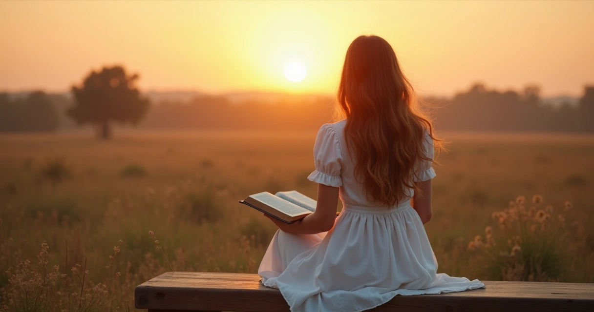 Mulher sentada em um banco, olhando para o horizonte ao nascer do sol, atmosfera inspiradora 