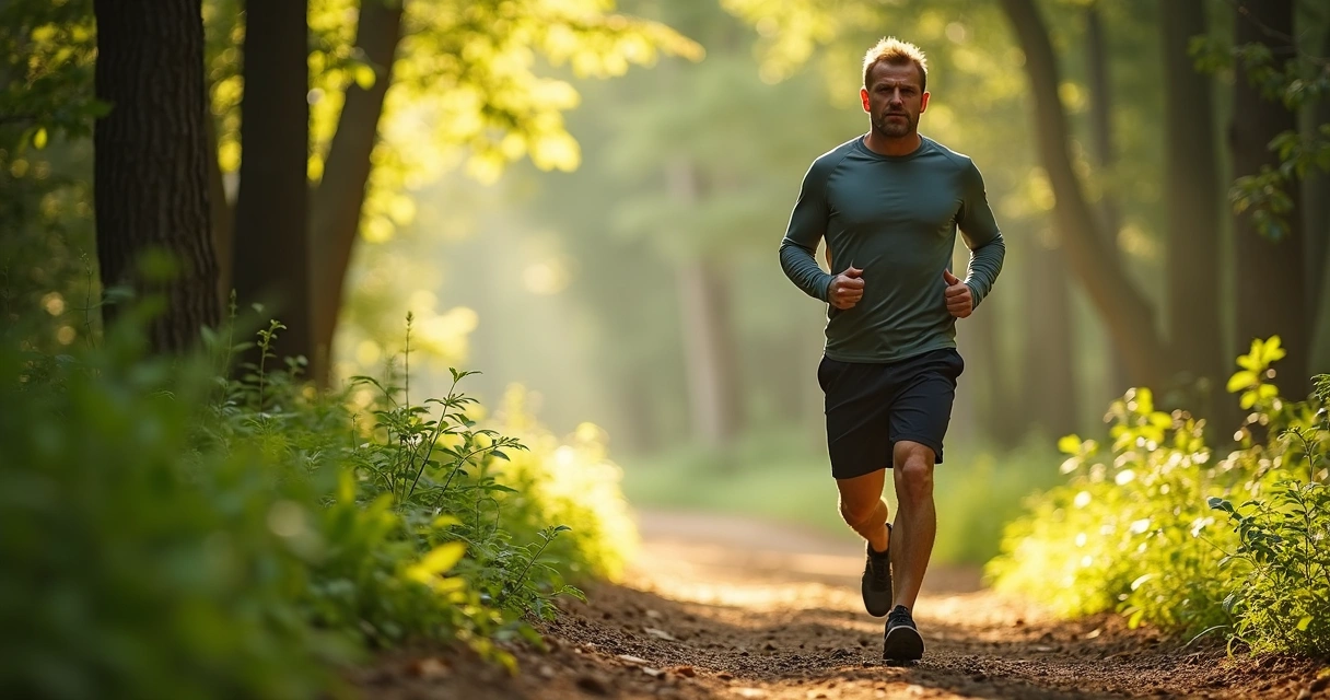Homem caminhando decidido em pista arborizada, simbolizando mudança de hábitos 