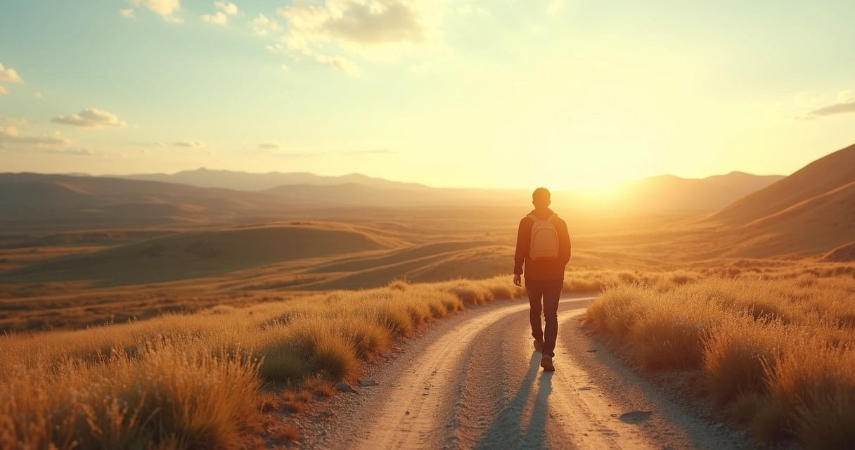 Pessoa caminhando por estrada com paisagem aberta, simbolizando jornada de autoconhecimento 