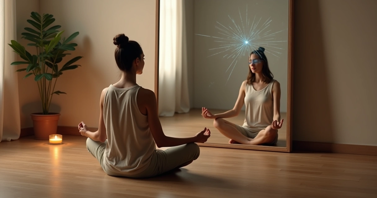 Pessoa em meditação diante de espelho com versão distorcida de si mesma 